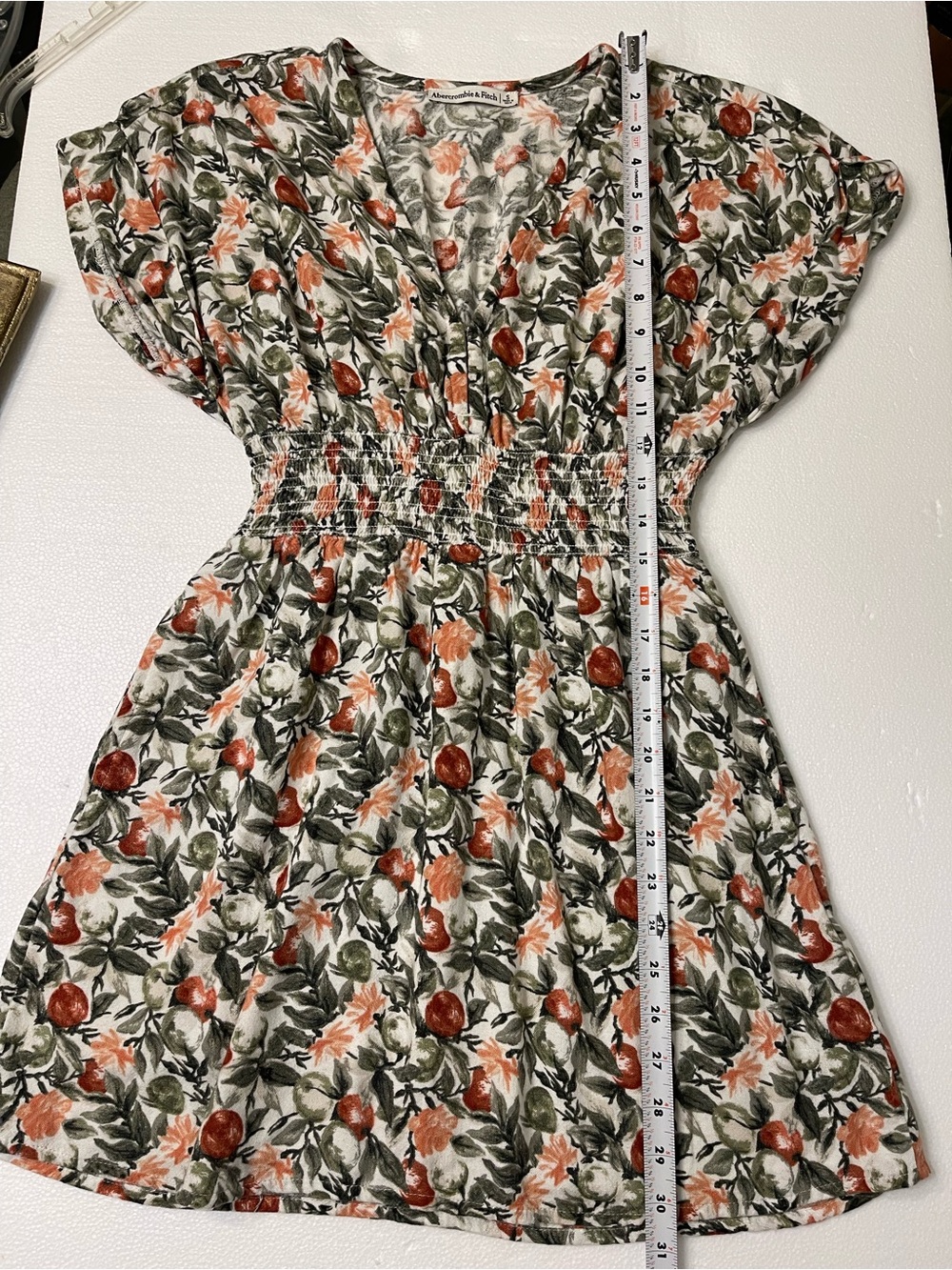 Abercrombie & Fitch Cream Mini Dress with Green Leaves & Peach Flowers - Picture 5 of 7